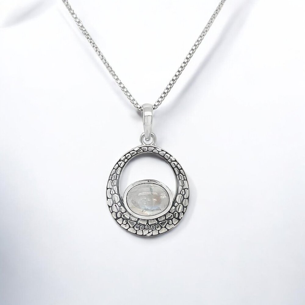 Oval Moonstone Textured Circle Pendant in 925 Sterling Silver